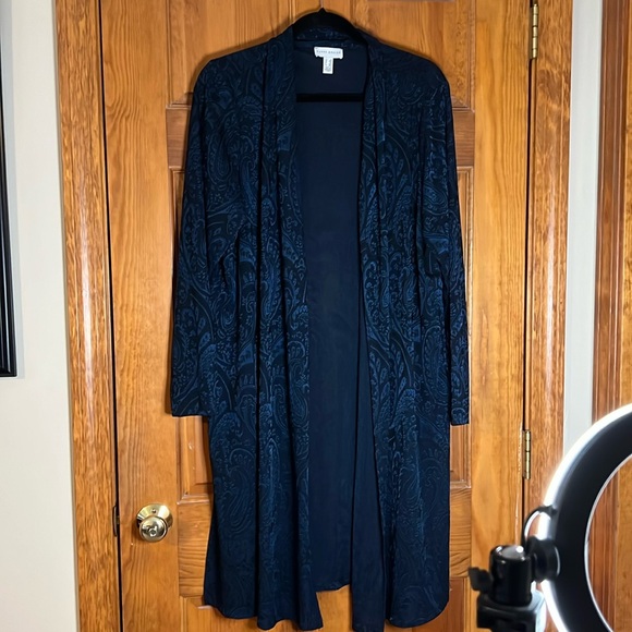 Women's Susan Graver Jacquard Knit Open Front Duster Cardigan Midnight Ink Sz 1X - Picture 2 of 11